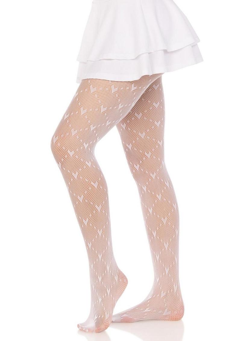 Leg Avenue Love Struck Heart Net Tights - White - One Size