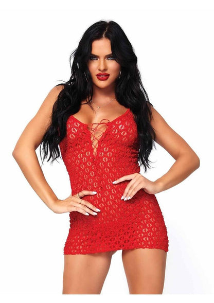 Leg Avenue Mini Dress with Lace Up Front and G-String - Red - One Size