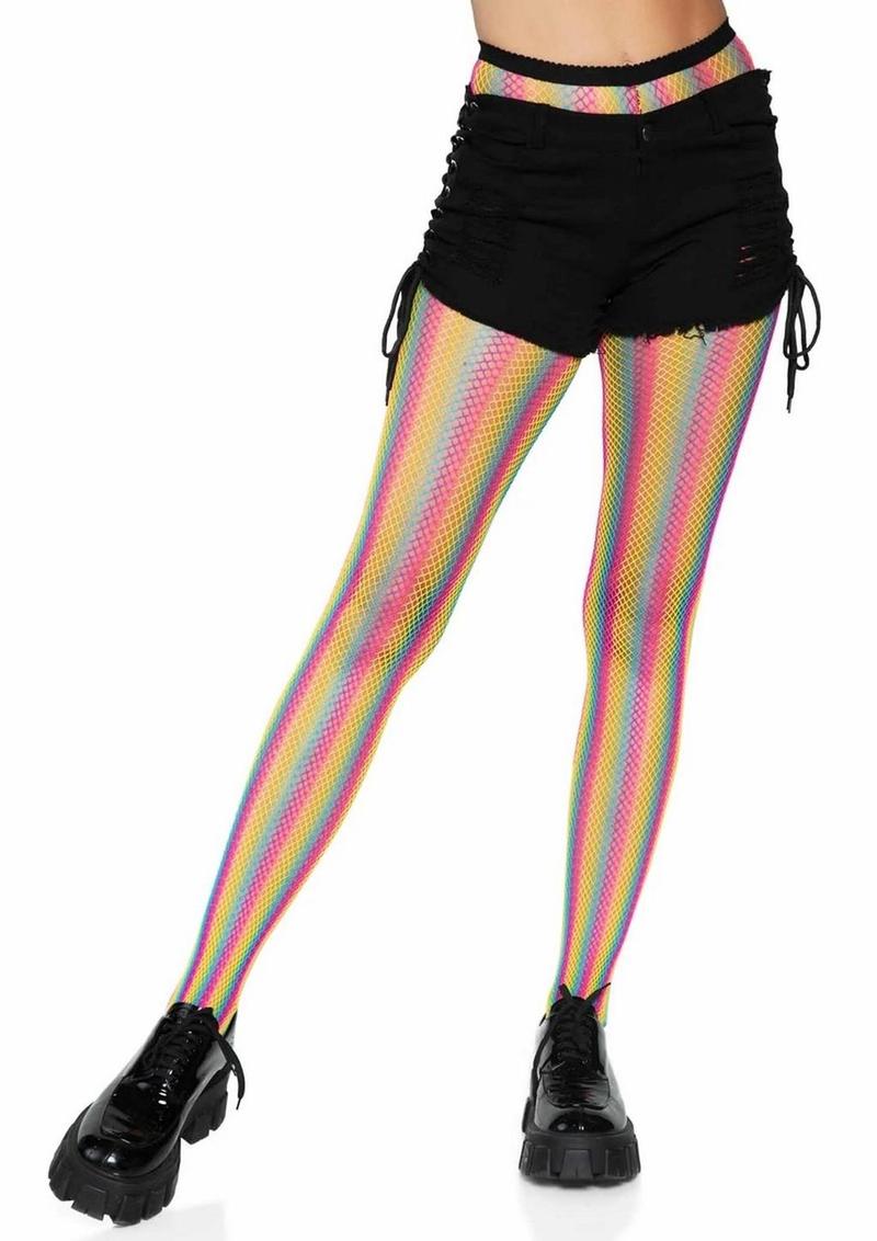 Leg Avenue Neon Rainbow Striped Fishnet Pantyhose - Multicolor - One Size