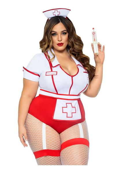 Leg Avenue Nurse Feelgood Snap Crotch Garter Bodysuit with Attached Apron and Hat Headband - Red/White - 3XLarge/4XLarge/Queen - 2 Piece