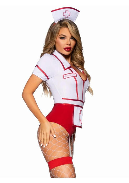 Leg Avenue Nurse Feelgood Snap Crotch Garter Bodysuit with Attached Apron and Hat Headband - Red/White - Small - 2 Piece