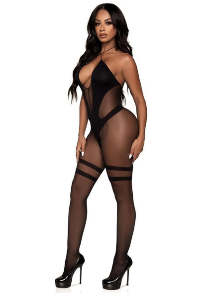 Leg Avenue Opaque and Sheer Keyhole Twist Halter Bodystocking