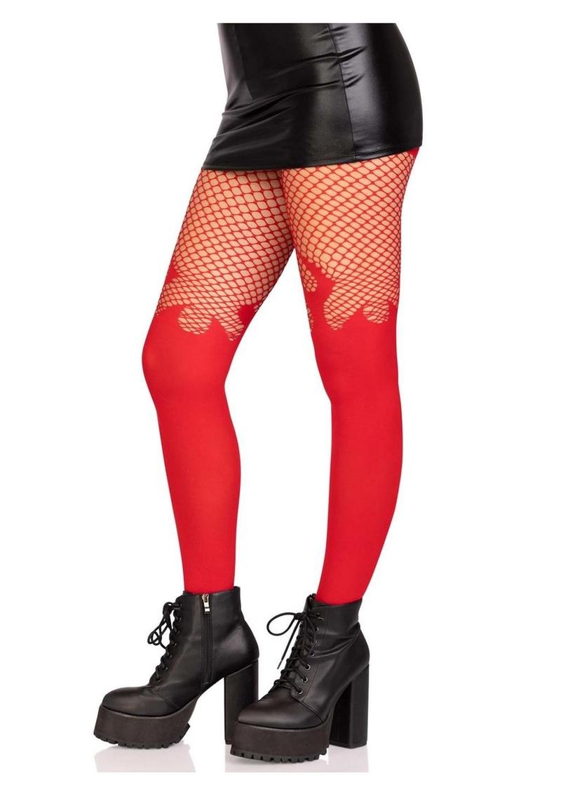 Leg Avenue Opaque Flame Tights with Fishnet Top - Red - One Size