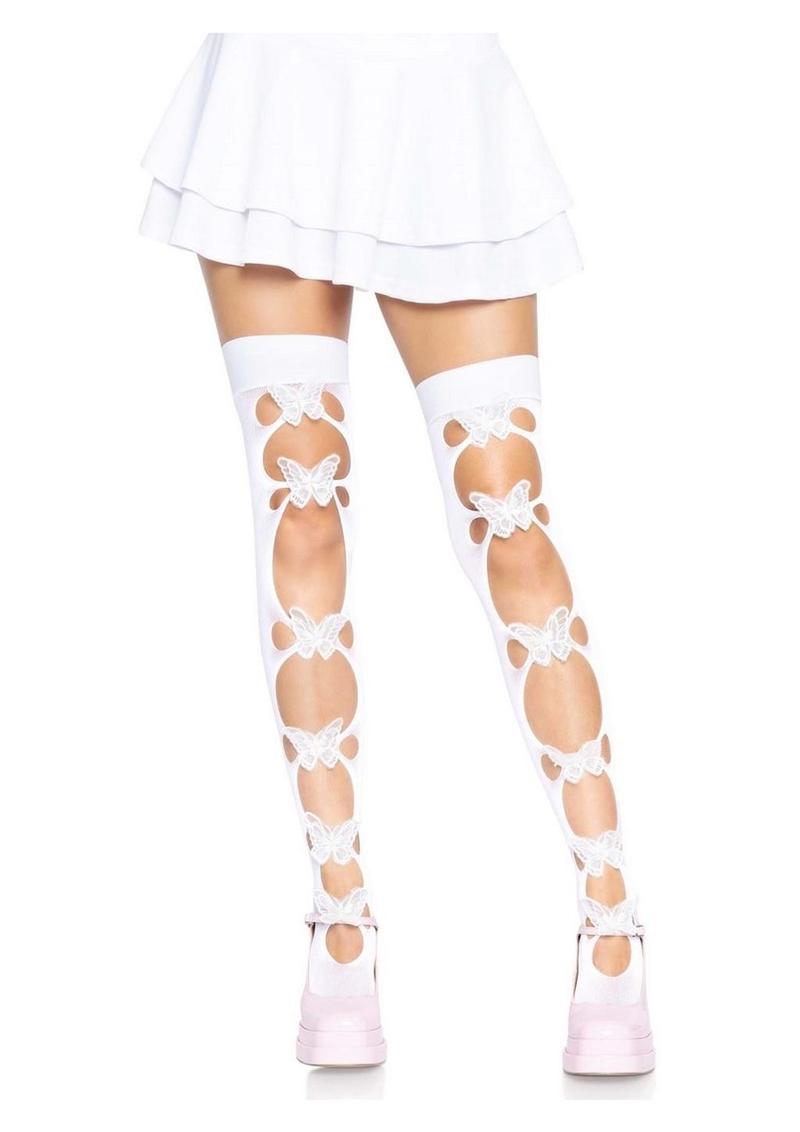 Leg Avenue Opaque Net Cut-Out Butterfly Applique Thigh Highs - White - One Size