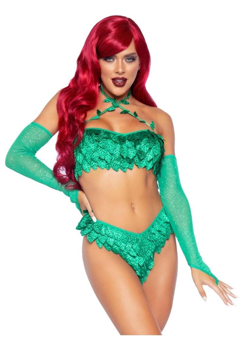 Leg Avenue Poison Temptress Leafy Halter Top with Corset Lace Up Back, Leafy Panty, and Sleeves - Green - Small - 3 Piece