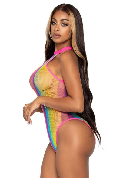 Leg Avenue Rainbow Striped Net Halter Bodysuit with Snap Crotch