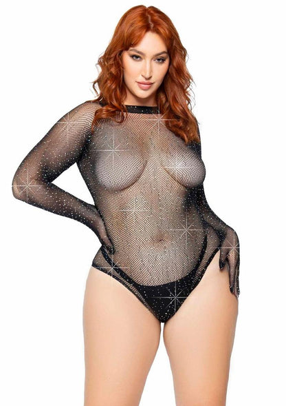 Leg Avenue Rhinestone Fishnet Gloved Bodysuit with Snap Crotch - Black - Queen/XLarge/XXLarge