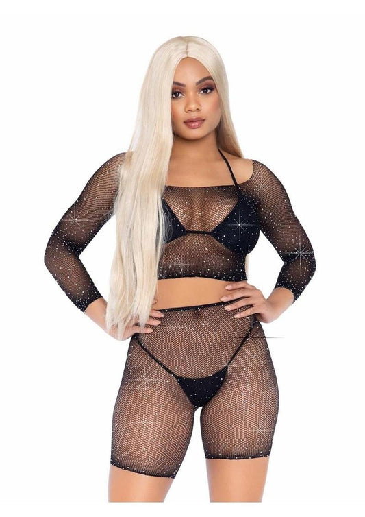 Leg Avenue Rhinestone Fishnet Long Sleeve Crop Top and Biker Shorts - Black - One Size - 2 Piece