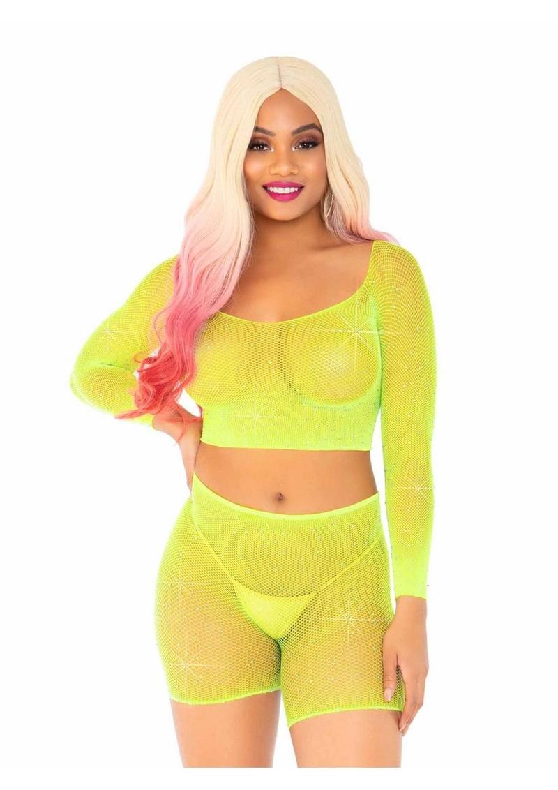 Leg Avenue Rhinestone Fishnet Long Sleeve Crop Top and Biker Shorts - Yellow - One Size - 2 Piece