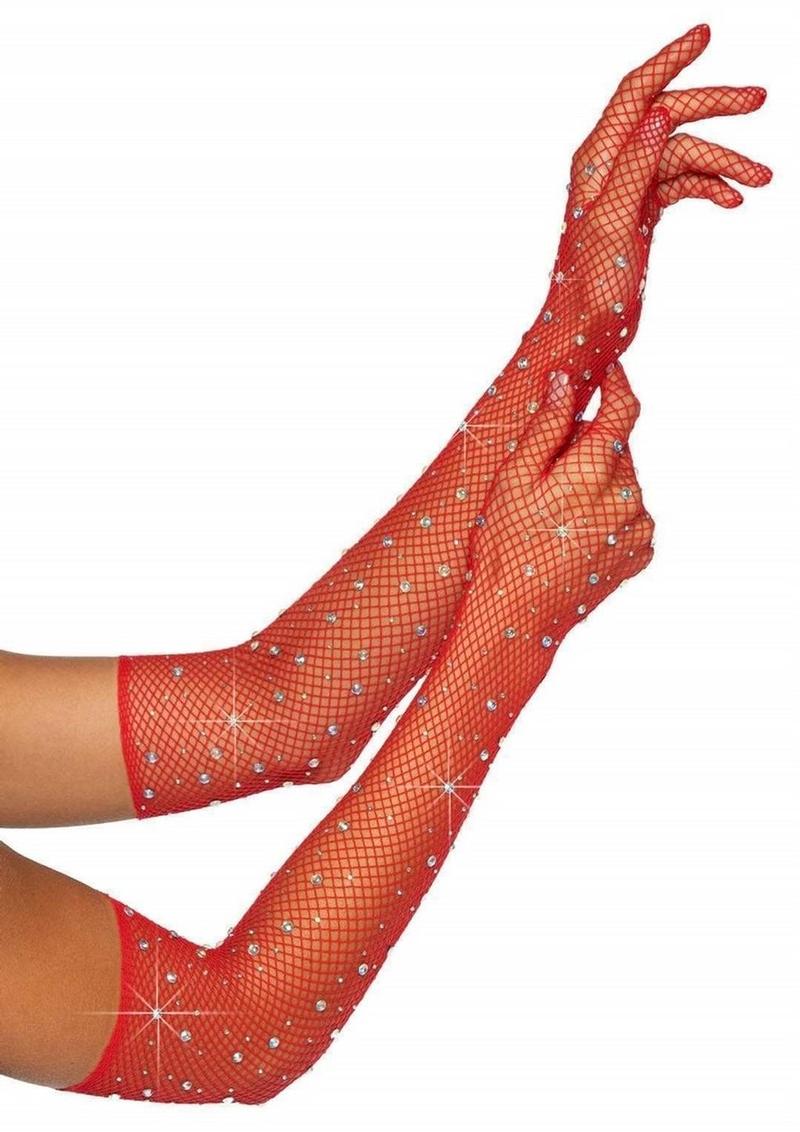 Leg Avenue Rhinestone Fishnet Opera Length Gloves - Red - One Size