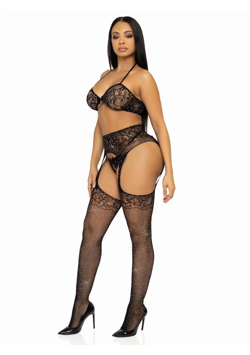 Leg Avenue Rhinestone Lace Bra Top, G-String, and Fishnet Garter Belt Stocking