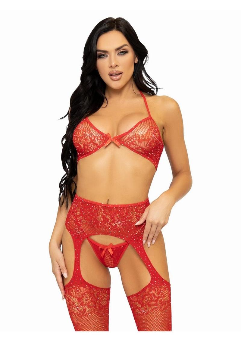 Leg Avenue Rhinestone Lace Bra Top, G-String, and Fishnet Garter Belt Stocking - Red - One Size - 3 Piece