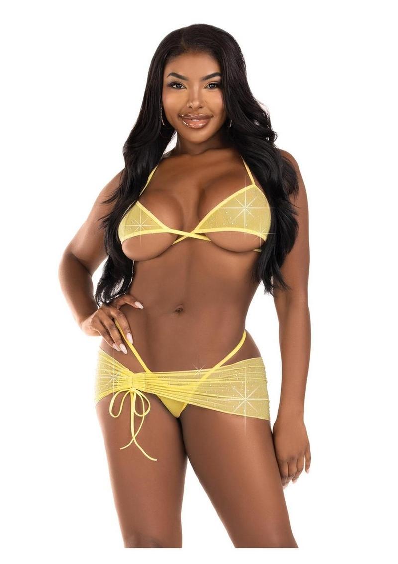 Leg Avenue Rhinestone Mesh Wrap Around Bra Top, G-String Panty, and Ruched Tie Sarong (3 Piece) - Medium/Large - Baby - Yellow