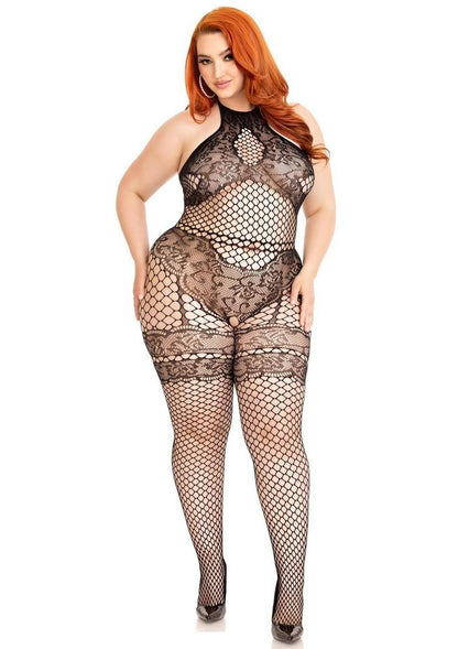 Leg Avenue Seamless Industrial Net Halter Bodystocking with Faux Lace Lingerie Detail