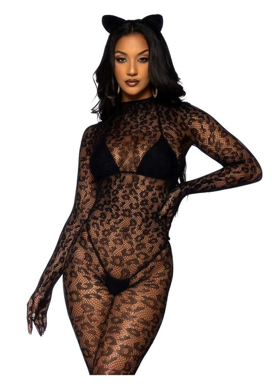 Leg Avenue Seamless Leopard Net Gloved Catsuit - Black - One Size