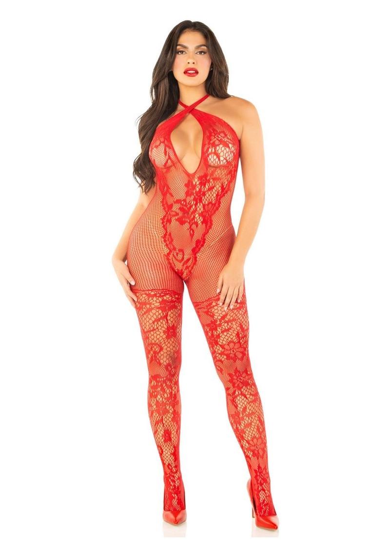 Leg Avenue Seamless Net and Lace Lingerie Jumpsuit with Keyhole Crossover Halter - Red - One Size