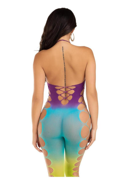 Leg Avenue Seamless Ombre Faux Lace Up Footless Bodystocking - One Size - Ocean