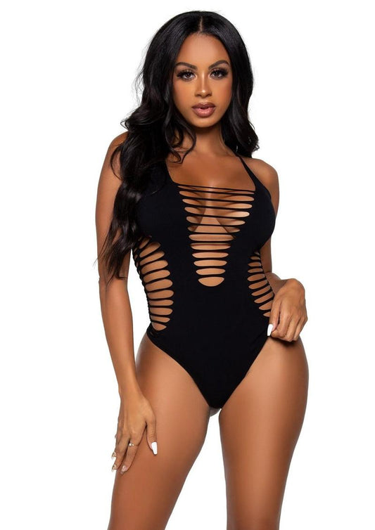 Leg Avenue Seamless Shredded Racer Back Thong Bodysuit - Black - One Size