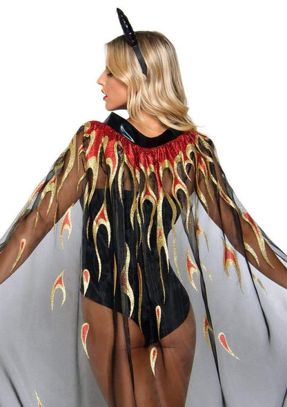 Leg Avenue Sheer Glitter Flame Devil Cape and Devil Horns - Black - One Size - 2 Piece