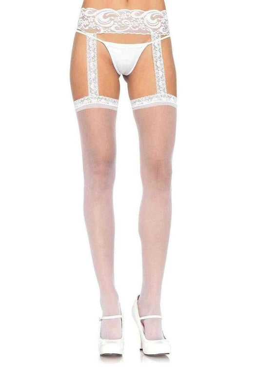 Leg Avenue Sheer Thi-Hi with Lace Garter Belt - White - One Size