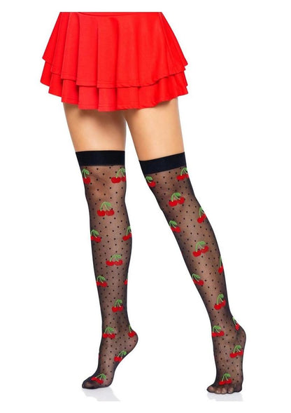 Leg Avenue Spandex Sheer Polka Dot Cherry Thigh Highs - Black/Red - One Size