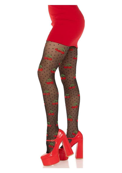 Leg Avenue Spandex Sheer Polka Dot Cherry Tights - Black - One Size