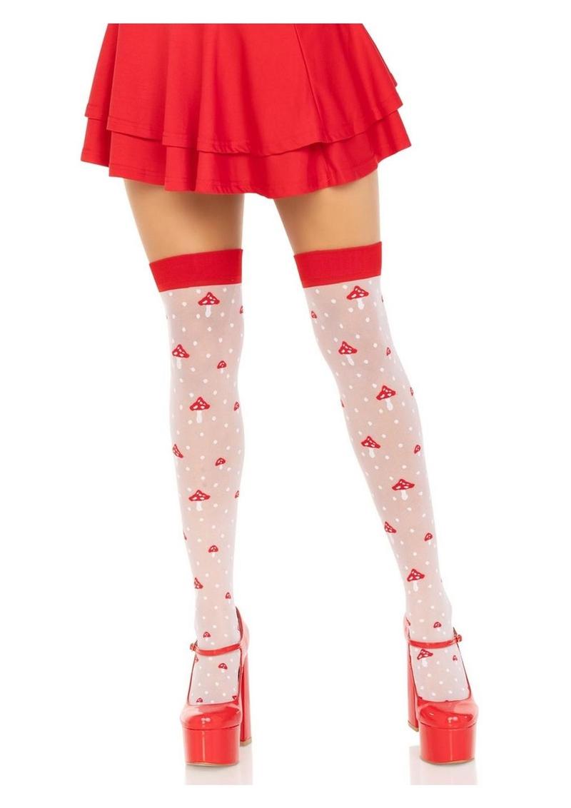 Leg Avenue Spandex Sheer Polka Dot Mushroom Thigh Highs - Red/White - One Size