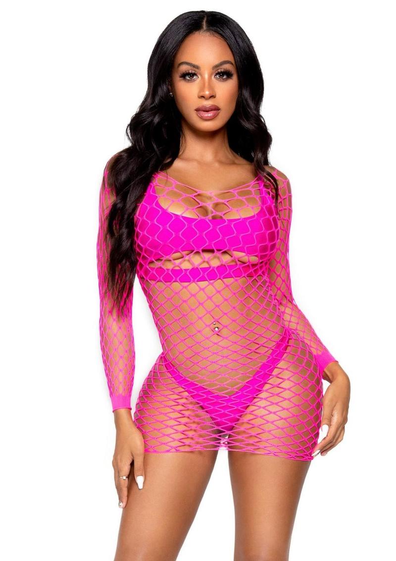 Leg Avenue Supreme Fence Net Long Sleeved Mini Dress - Neon Pink/Pink - One Size