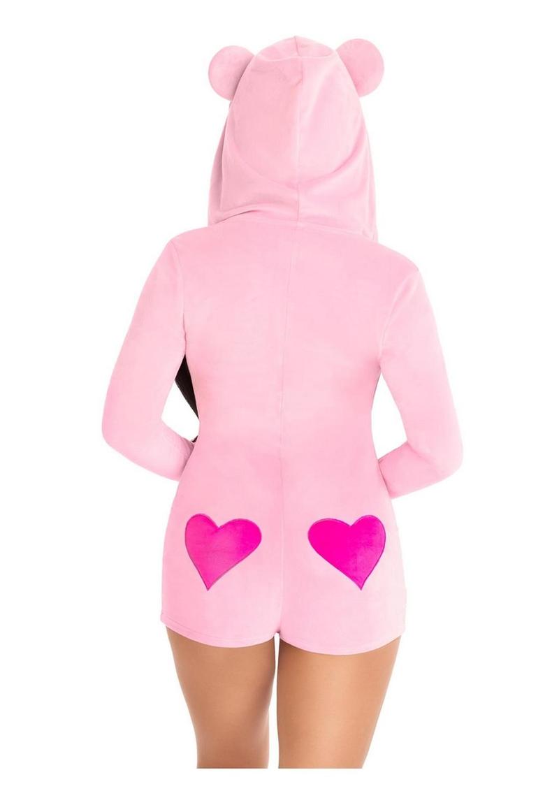 Leg Avenue Sweetheart Bear Velvet Zip Up Romper with Heart Accent - Pink - Small