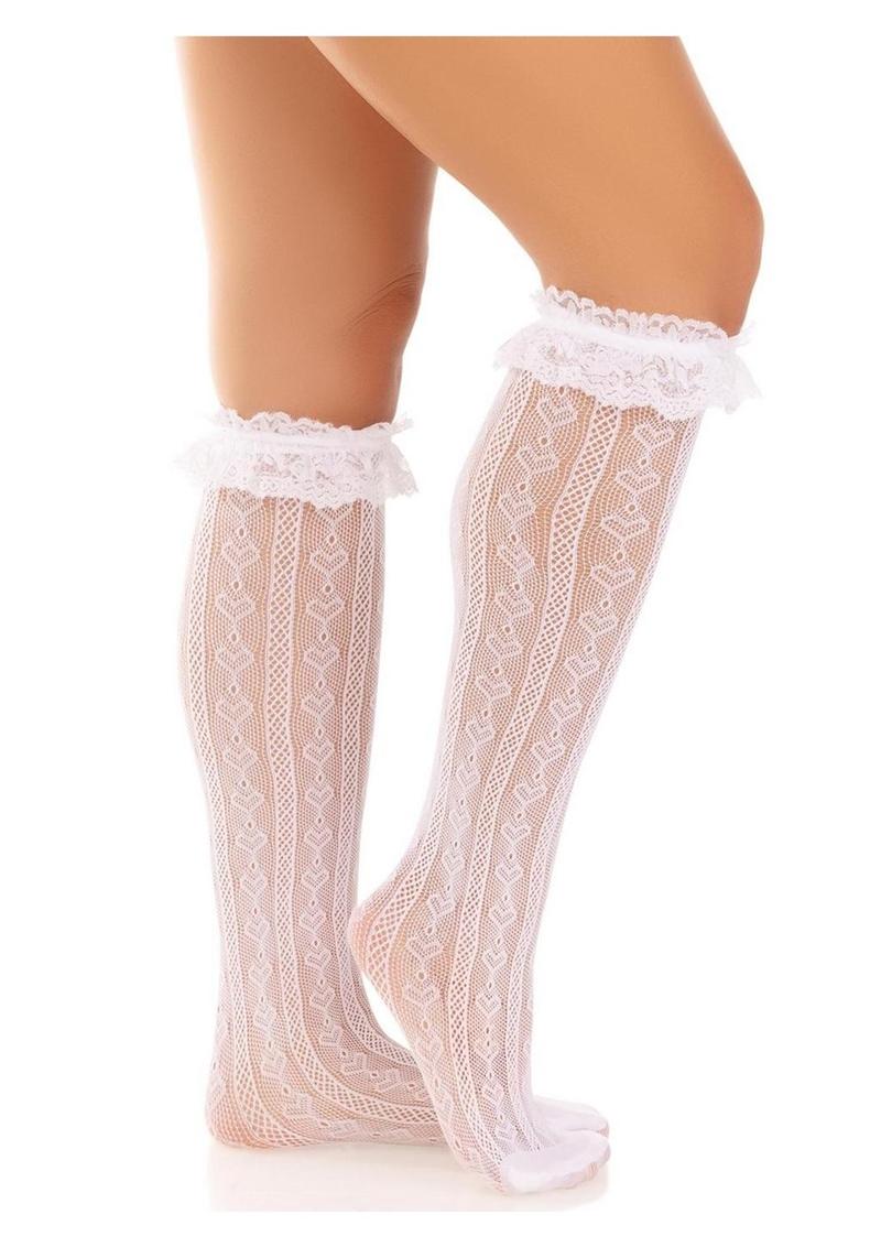 Leg Avenue Sweetheart Knit Knee Highs with Lace Ruffle Cuff - White - One Size