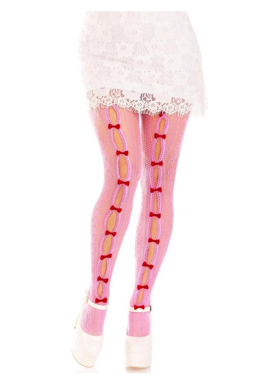 Leg Avenue Sweetheart Striped Net Tights with Keyhole and Mini Bow Detail - Pink - One Size