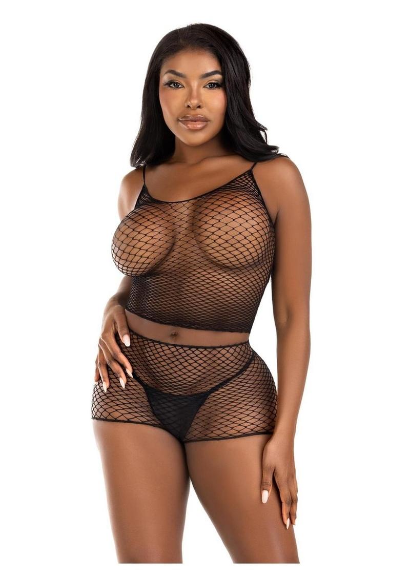 Leg Avenue Twist Net Tank Top and Boy Shorts - Black - One Size - 2 Piece