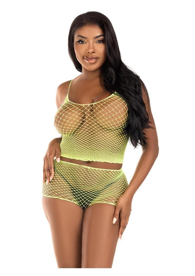 Leg Avenue Twist Net Tank Top and Boy Shorts - Lime - One Size - 2 Piece