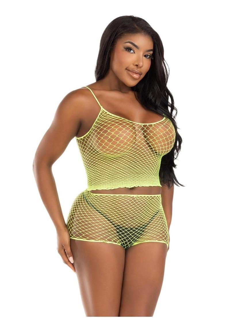 Leg Avenue Twist Net Tank Top and Boy Shorts - Lime - One Size - 2 Piece