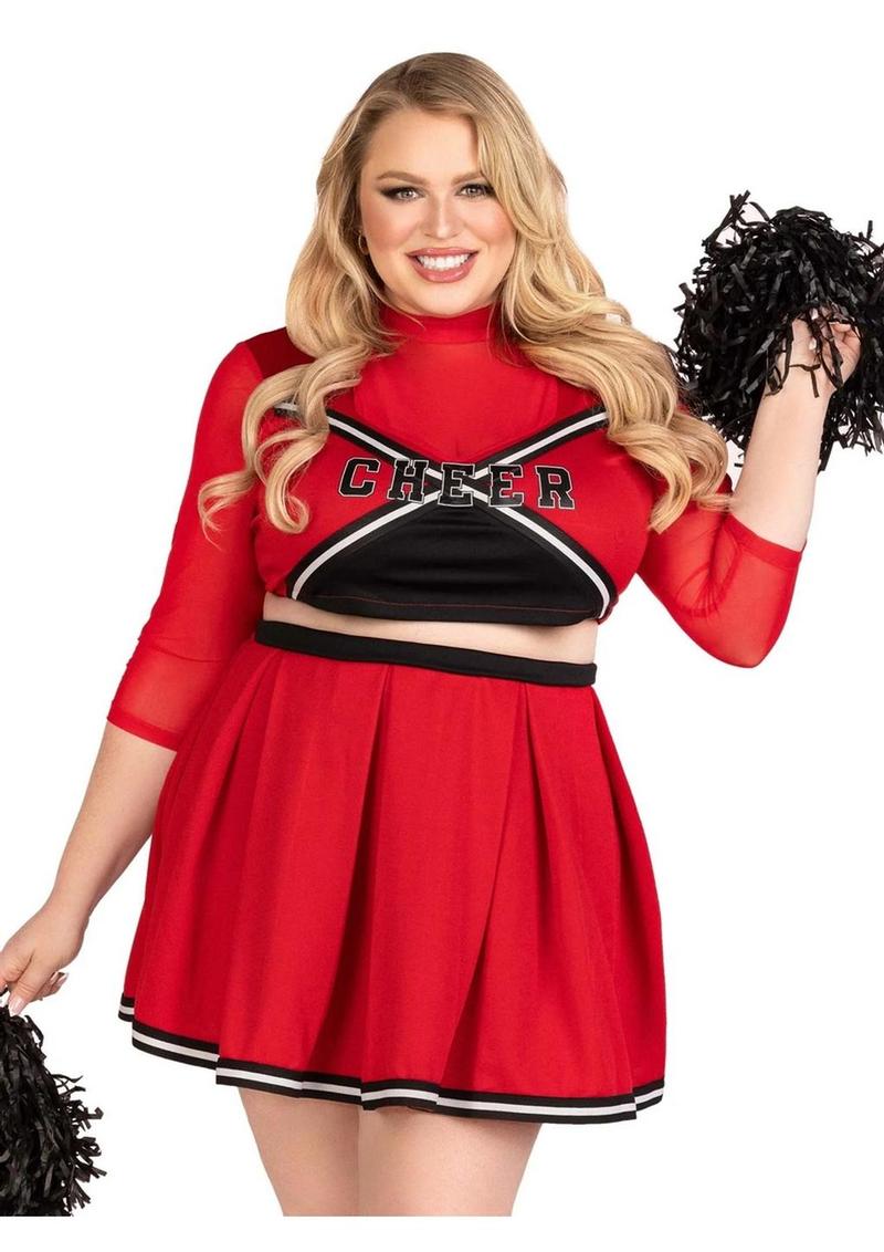 Leg Avenue Varsity Babe Set Crop Top with Cheer Logo, Pleated Skirt, and Pom Poms (3 Piece) - 1x/2x - Red