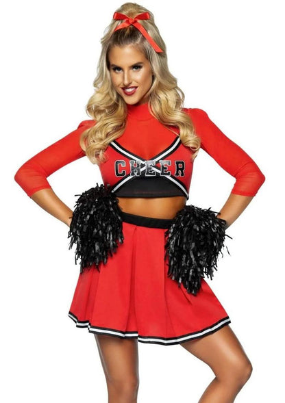 Leg Avenue Varsity Babe Set Crop Top with Cheer Logo, Pleated Skirt, and Pom Poms - Red - Large/Medium - 3 Piece