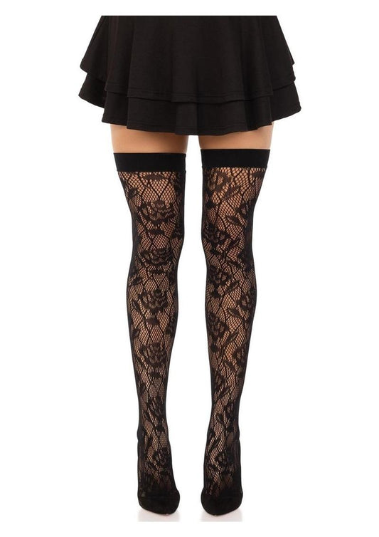 Leg Avenue Wild Rose Net Thigh Highs - Black - One Size