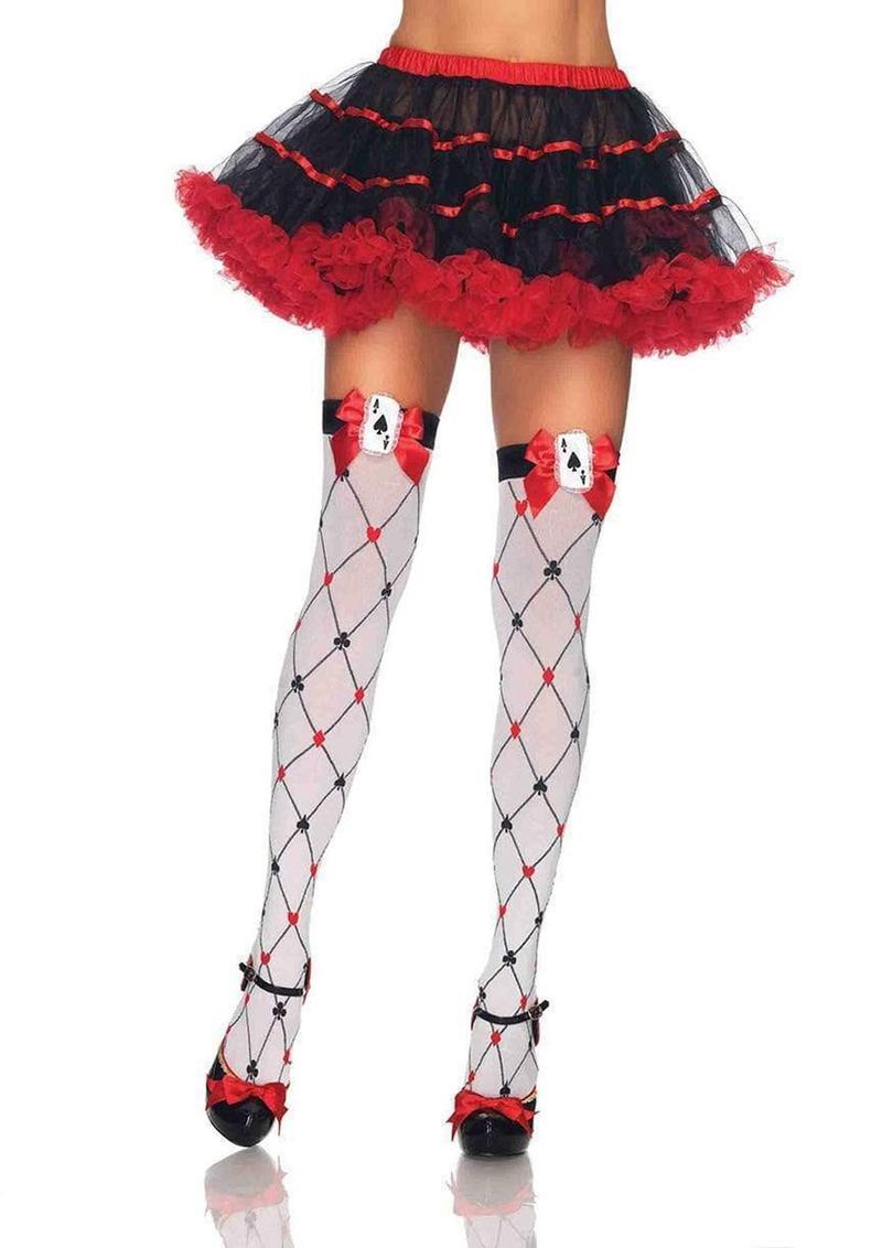 Leg Avenue Woven Diamond Card Suit Thigh High with Bow and Card Charm - Black/Multicolor/Red/White - One Size