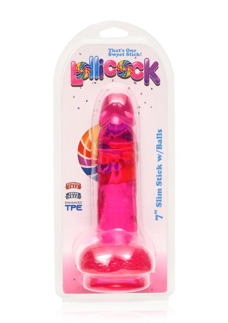 Lollicock Slim Stick Dildo with Balls - Cherry Ice/Red - 7in