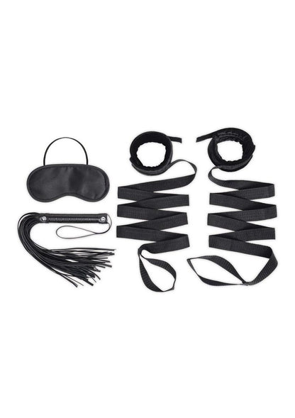 Lux Fetish Bondage Bed Strap and Flogger Kit - Black - 4 Piece