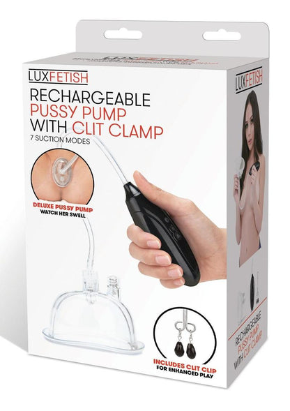 Lux Fetish Rechargeable Pussy Pump with Clit Clamp - Black