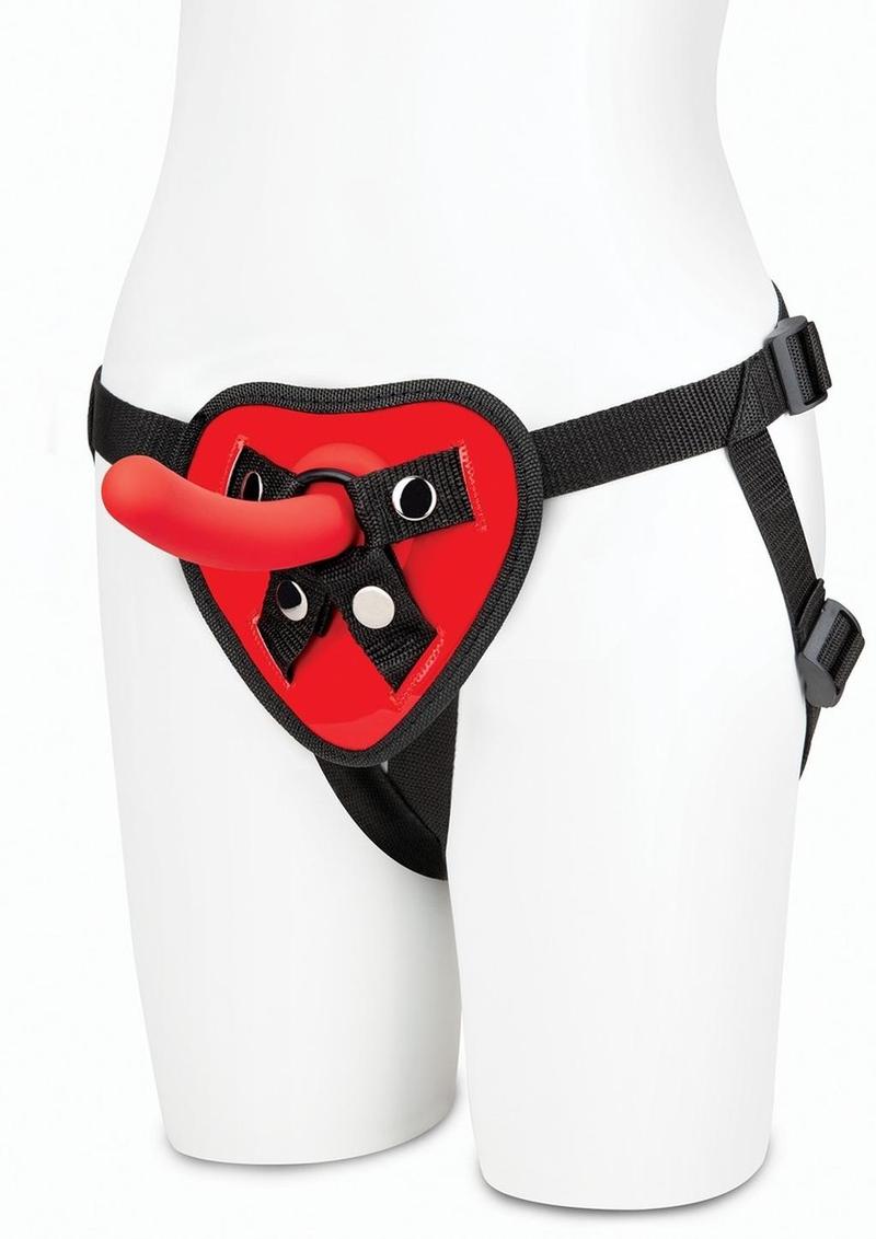 Lux Fetish Red Heart Strap-On Harness and Silicone Dildo