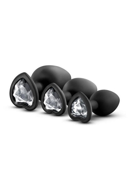 Luxe Bling Butt Plugs Silicone Training Kit with White Gems (3 Size Kit - Black