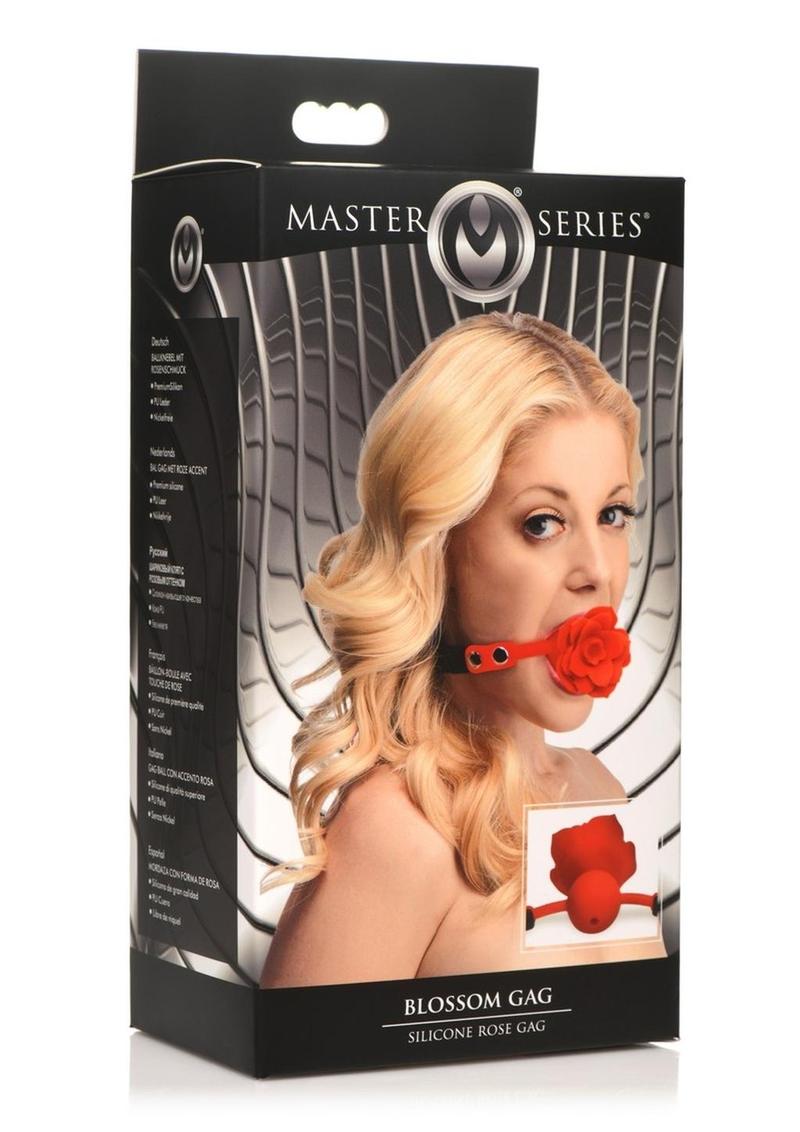 Master Series Blossom Gag Silicone Rose Gag - Black/Red