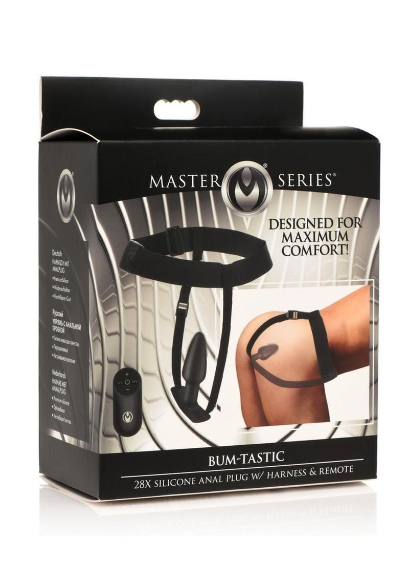 Master Series Bum-Tastic 28x Rechargeable Silicone Anal Plug with Harness and Remote Control - Black