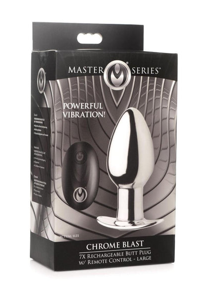 Master Series Chrome Blast 7x Rechargeable Anal Plug with Remote Control - Silver - Large