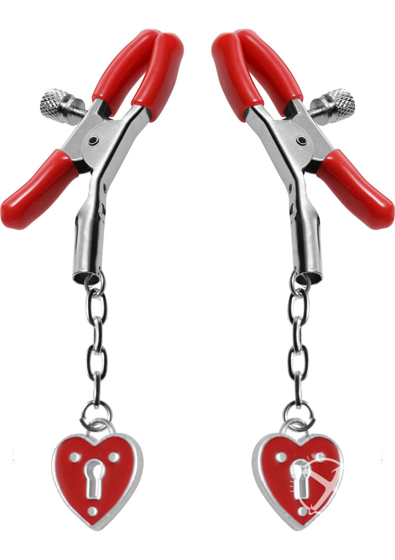 Master Series - Crimson Tied Charmed Heart Padlock Nipple Clamps - Red