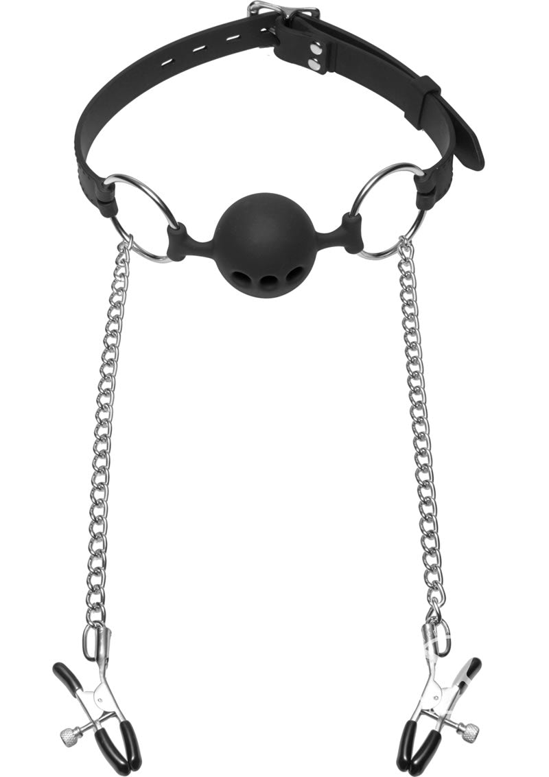 Master Series Hinder Breathable Silicone Ball Gag with Nipple Clamps - Black