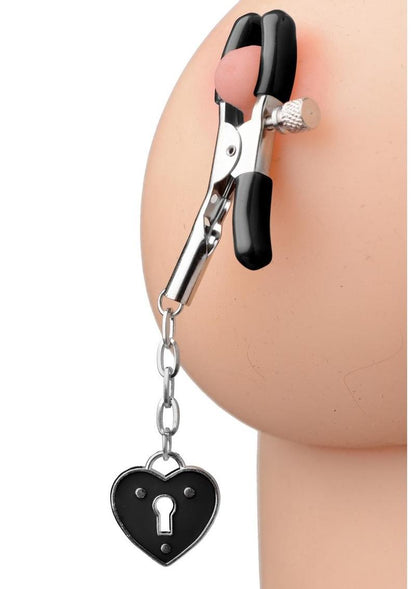 Master Series - Platinum Bound Charmed Heart Padlock Nipple Clamps