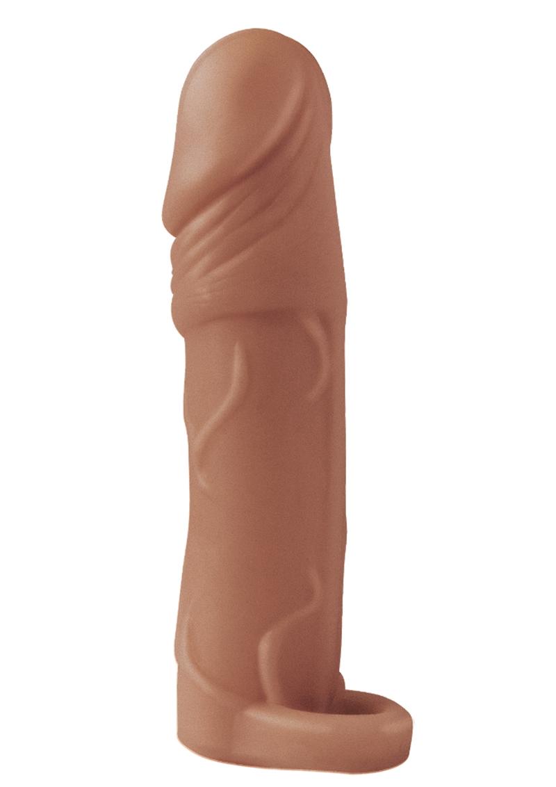 Natural Realskin Vibrating Penis Extender with Scrotum Ring - Chocolate